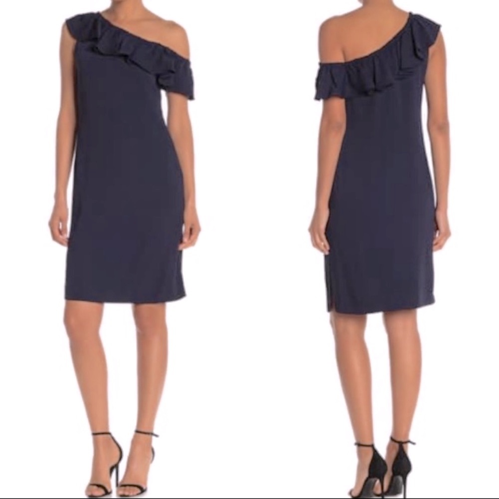 NWT Trina Turk Ruffled One Shoulder Dress in Navy Size 2 Eden Dress